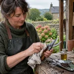 Gardener cleans secateurs and hand tools on a potting bench.