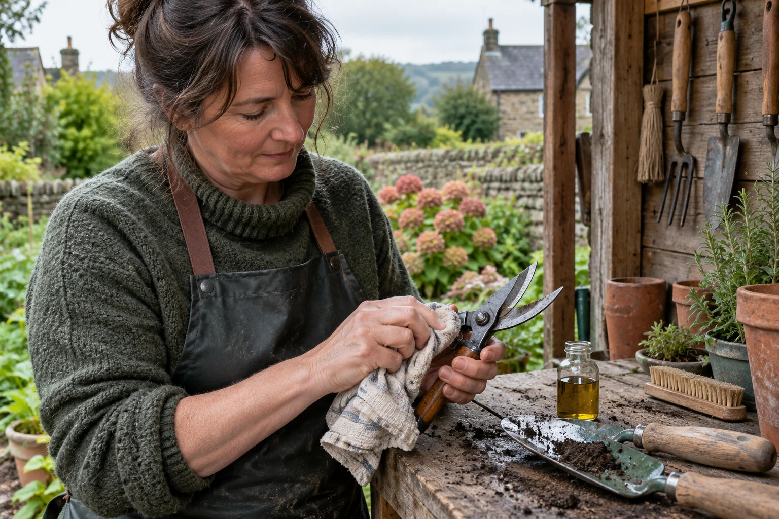 Gardener cleans secateurs and hand tools on a potting bench.