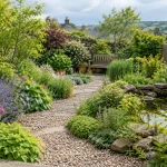 Low-maintenance garden with hardy borders, gravel path, small pond and bench.