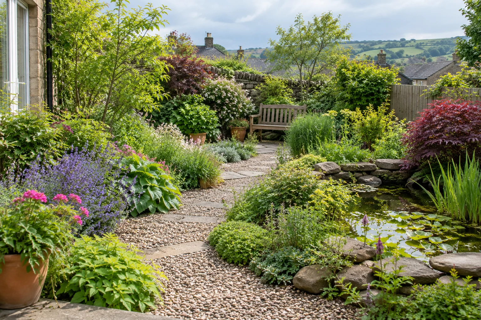 Low-maintenance garden with hardy borders, gravel path, small pond and bench.