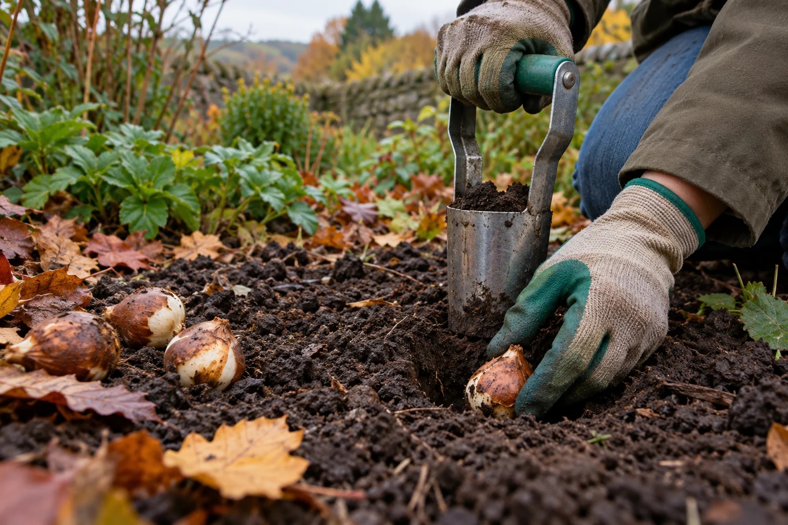 Gloved hands plant a spring bulb in an autumn garden border.
